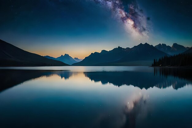 un lago con montañas y una puesta de sol en el fondo.