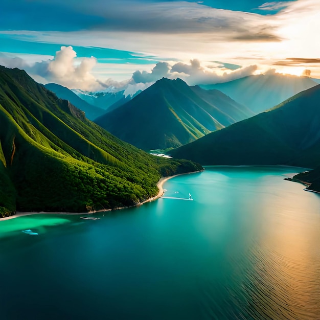 Un lago con montañas y rayos de sol brillando sobre él.