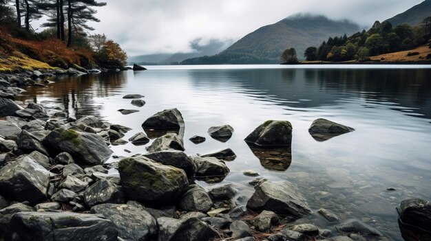 Foto el lago moody con rocas afiladas y un cielo nublado