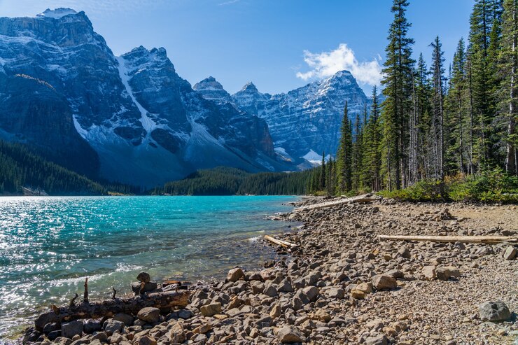 Lago Moraine hermoso paisaje en verano día soleado por la mañana. Parque Nacional Banff, Canadian Rockies, Alberta, Canadá
