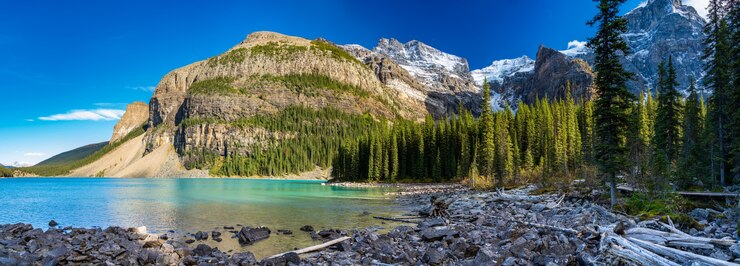 Lago Moraine hermoso paisaje en verano día soleado por la mañana. Parque Nacional Banff, Canadian Rockies, Alberta, Canadá