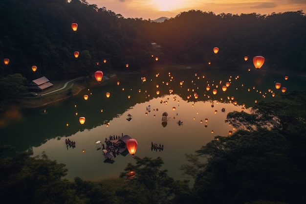Un lago con muchas linternas flotando en el aire.