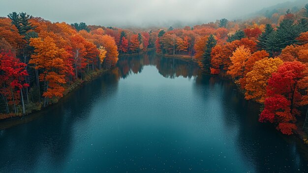 Foto un lago con muchos árboles y las palabras caen sobre el agua