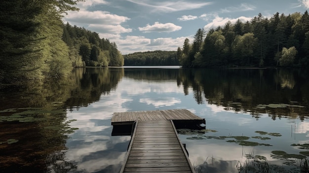 Un lago con un muelle y árboles al fondo.