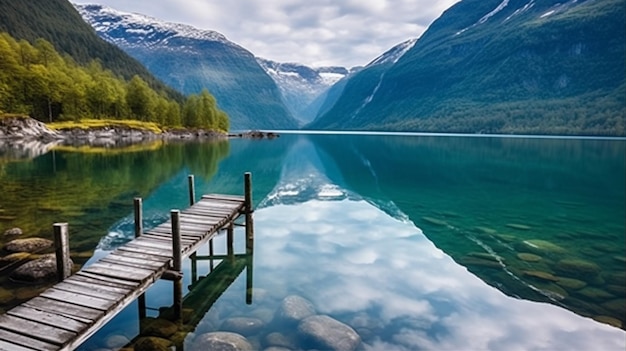 Un lago con un muelle y montañas al fondo.