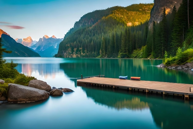 Un lago con un muelle y montañas al fondo.