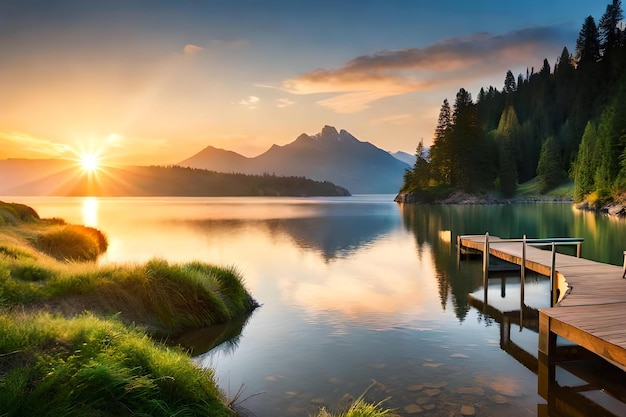 Foto un lago con un muelle y montañas al fondo.