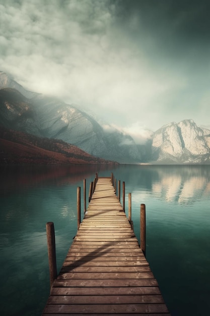 Un lago con un muelle y montañas al fondo.