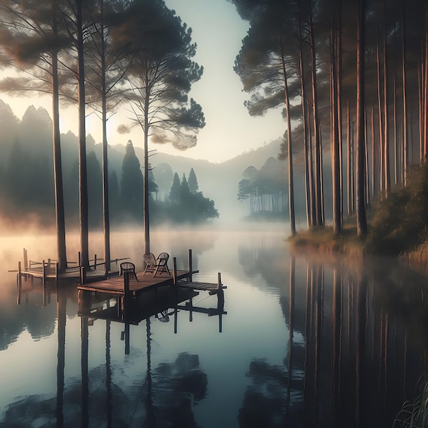 un lago con un muelle y un muelle Y un muelle con una silla en él