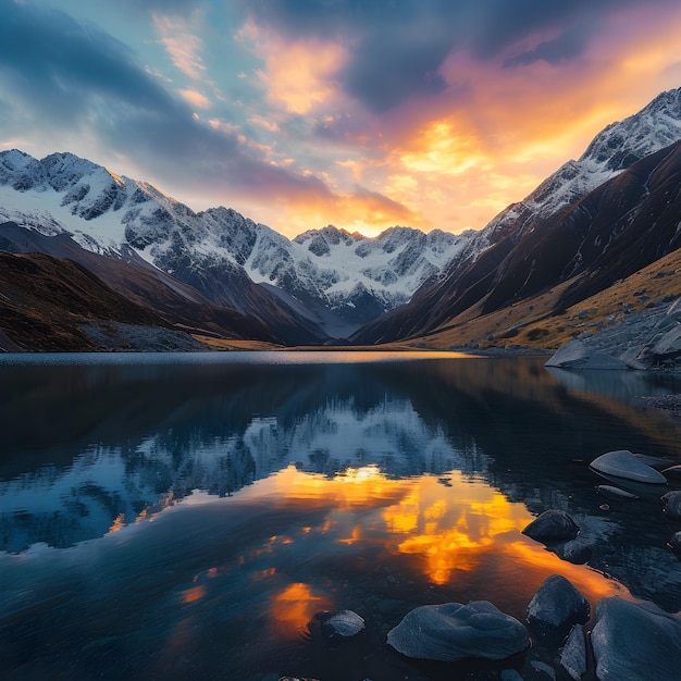 Lago na base das montanhas