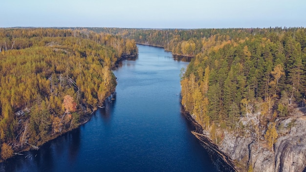 Lago na Carélia entre lariços, Rússia. Linda paisagem de outono com rio e floresta fotografia de stock