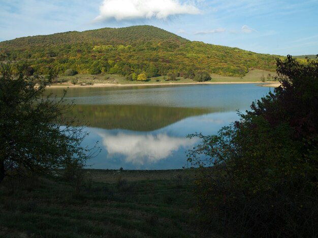 Lago na frente de árvores floridas uma montanha no fundo das nuvens