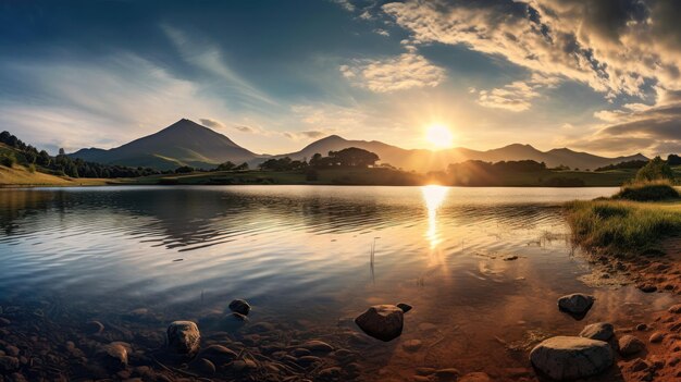 Lago na hora dourada com montanhas no fundo