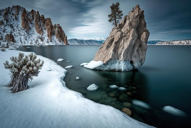 Lago na Paisagem de Inverno Ilha de Olkhon, onde o Shamanka do Baikal pode ser encontrado