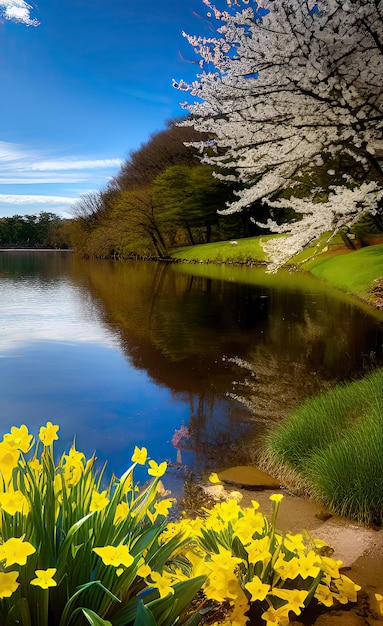 Un lago con narcisos y un árbol con la palabra narcisos