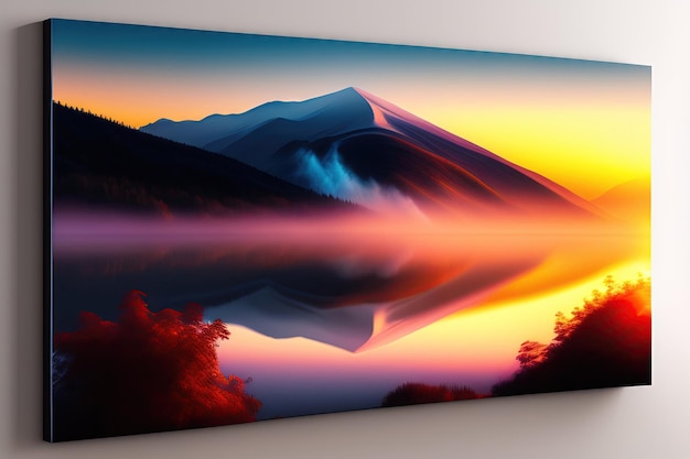 Lago nas montanhas Bela paisagem enevoada Pôr do sol sobre o lago Arte digital