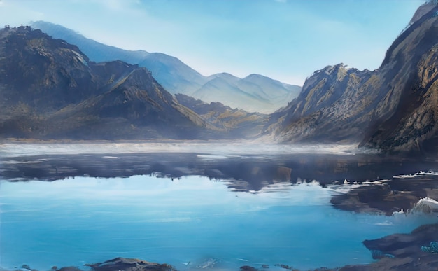 Lago nas montanhas Córregos e rios descem encostas de montanhas e rochas no vale Primavera nas montanhas uma incrível paisagem mágica ilustração 3d