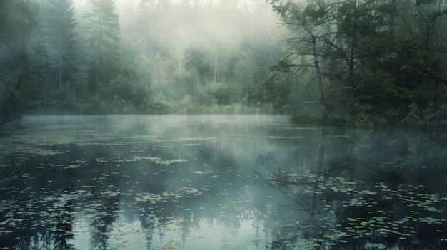 Foto un lago nebuloso envuelto en una bruma atemporal se encuentra en el corazón del bosque el agua parece ser un