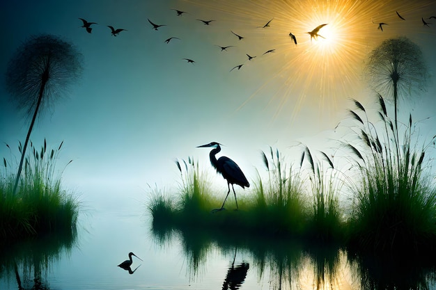 Foto lago nebuloso en la tarde de verano con garzas cuervos flamencos y gaviotas en el oreground generativo un