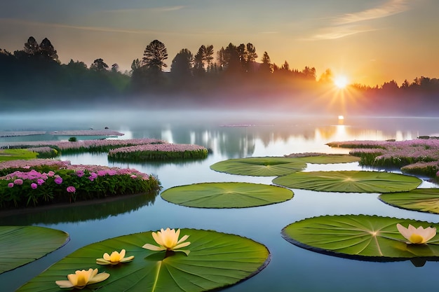 Un lago con nenúfares y el sol saliendo detrás de él