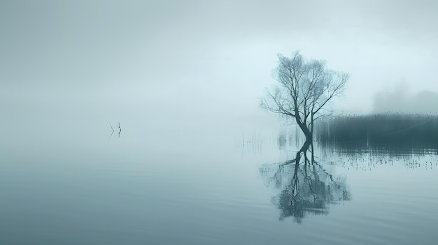 un lago de niebla con árboles en el fondo y un cuerpo de agua con algunos pájaros en el agua