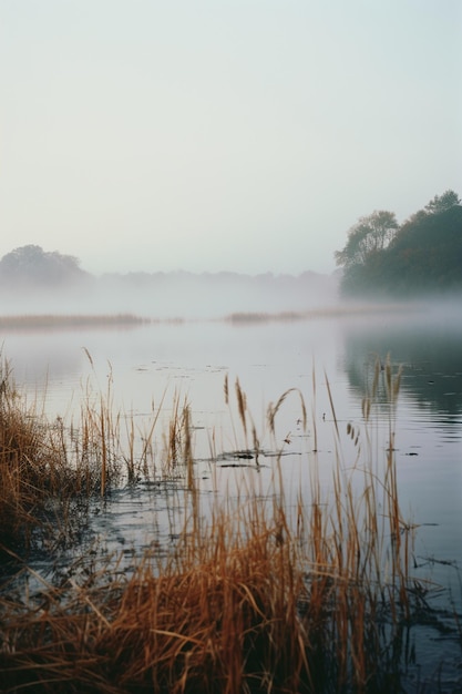 un lago de niebla con un lago en el fondo