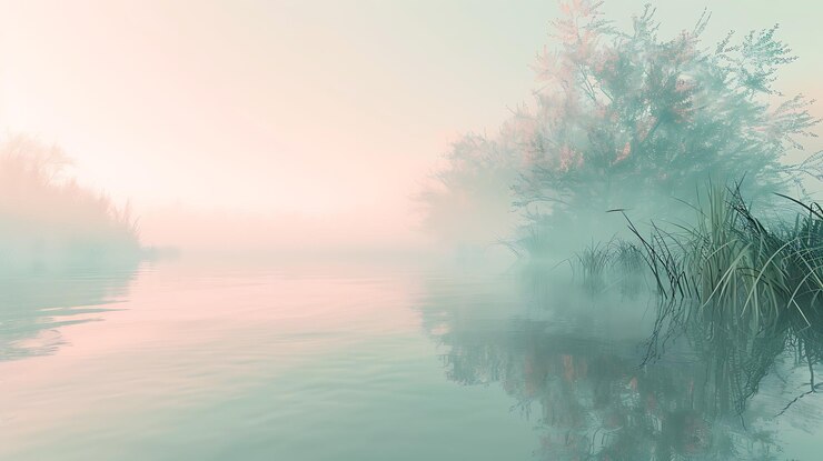 un lago de niebla con un reflejo de árboles en el agua