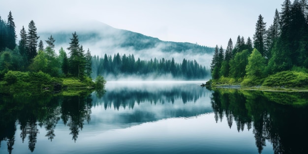 Un lago de niebla rodeado de árboles