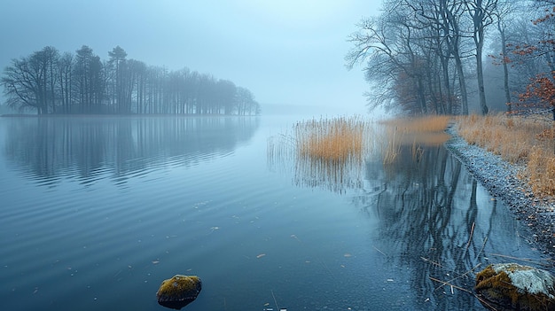 un lago de niebla con una vista del lago y los árboles en el fondo