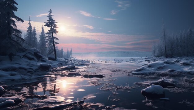 un lago con nieve y árboles en él y una puesta de sol en el fondo