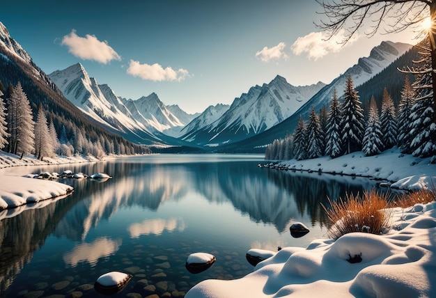 Foto un lago con nieve y montañas en el fondo