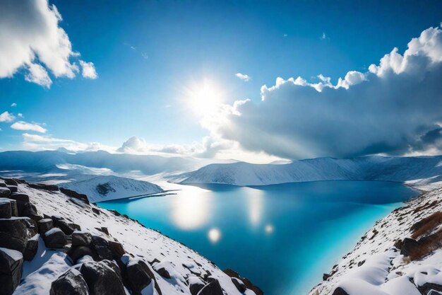 Foto un lago con nieve en las montañas y el sol brillando a través de las nubes