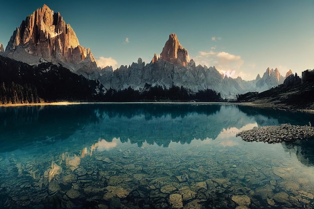 Foto lago no fundo das montanhas