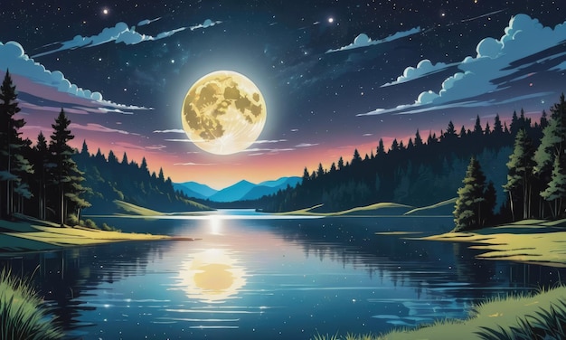 Un lago de noche con luna llena y estrellas en el cielo.
