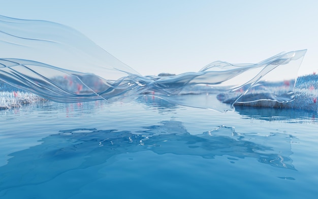 Lago ondulado com renderização 3d de pano transparente fluindo