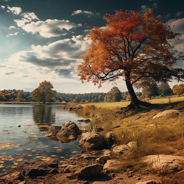 Foto lago en otoño con un árbol en primer plano