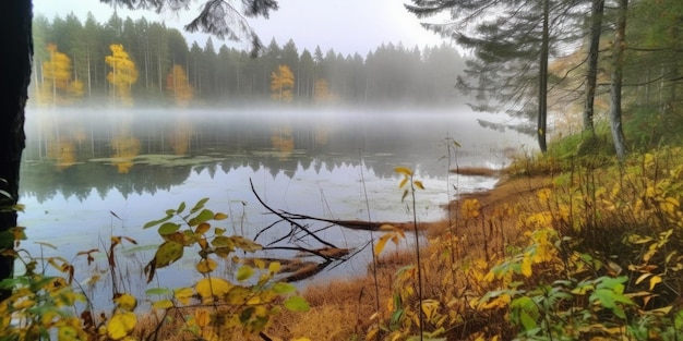 Un lago en otoño con un bosque al fondo.