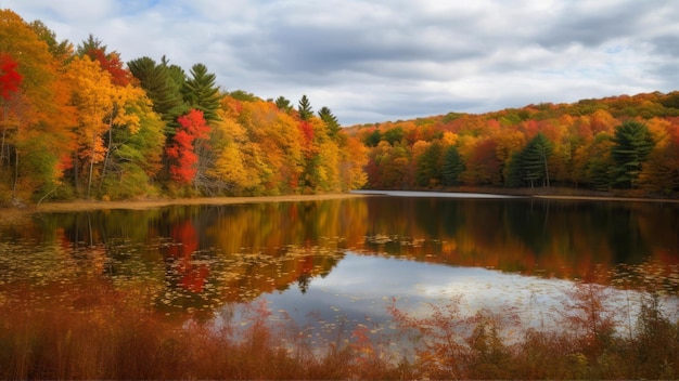 Un lago en otoño con un cielo nublado