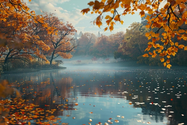 Un lago pacífico rodeado de follaje de otoño en su totalidad