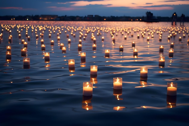 Un lago pacífico con velas flotantes que simbolizan la memoria de los que perecieron el 11 de septiembre