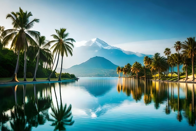 Un lago con palmeras y una montaña al fondo