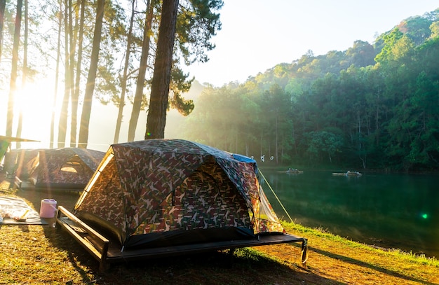 Lago Pang oung y bosque de pinos con amanecer en Mae Hong Son, Tailandia