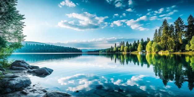 Un lago panorámico rodeado de árboles y rocas bajo un cielo azul