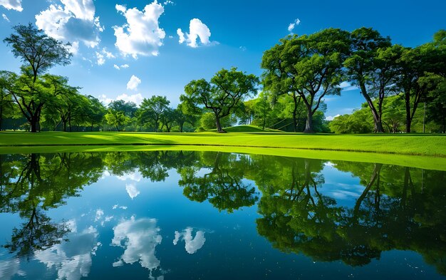 Lago en el parque con cielo azul y nubes blancas fondo natural