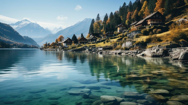 un lago con una pequeña cabaña en el fondo