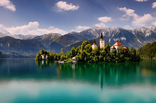 Foto un lago con una pequeña isla y una iglesia en él.