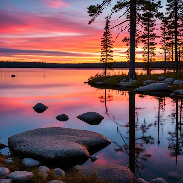 Foto un lago con unos pocos árboles y una puesta de sol en el fondo