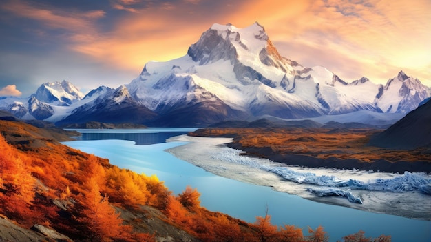 Lago polar que refleja los cautivadores colores del otoño con los bordes helados actuando como un marco natural para la impresionante escena.