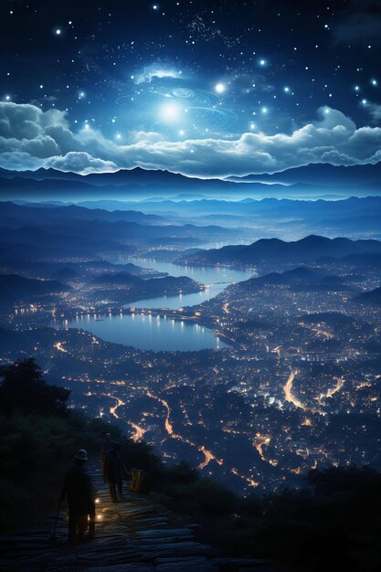 Lago en primer plano ciudad lejana vista en la distancia como un revoltijo de diminutas luces puntiformes