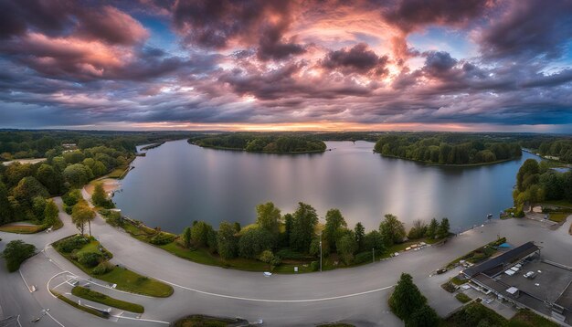 Foto un lago con un puente y árboles en el horizonte